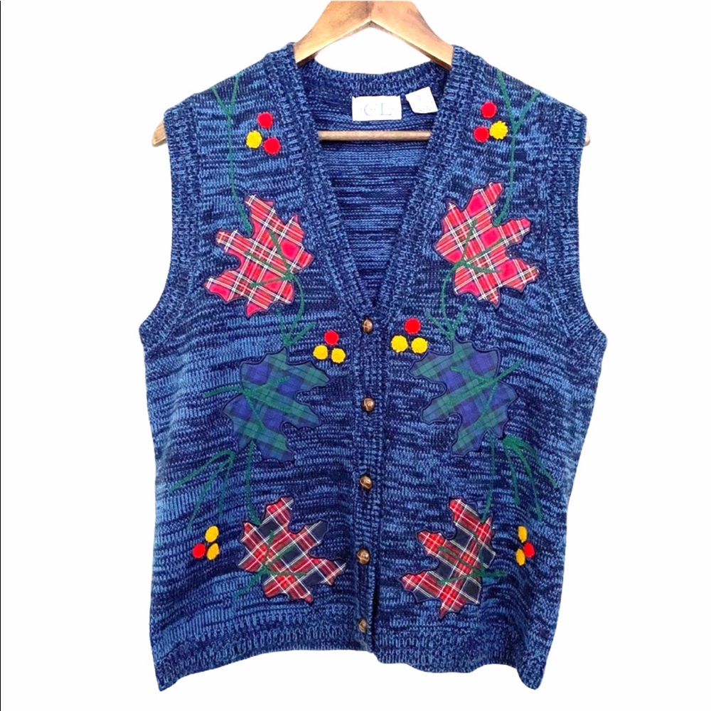 Vintage Cricket Lane Ugly Christmas Grandmacore Plaid & Leaf Button Sweater Vest